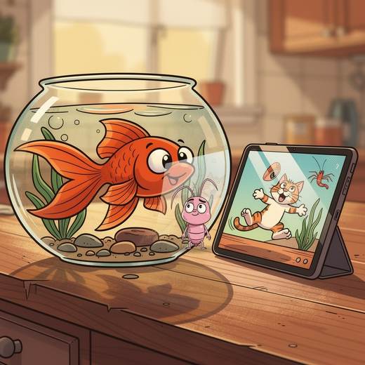 Panel 2: the goldfish and a small pink shrimp watch a cheerful cartoon cat on the tablet.