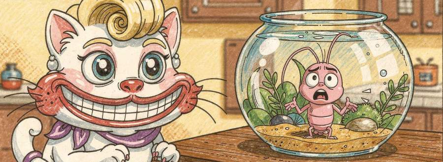 Panel 5: Ms. Harvey grins widely with all her teeth. The goldfish is gone and the small shrimp stands alone in the bowl, looking shocked.